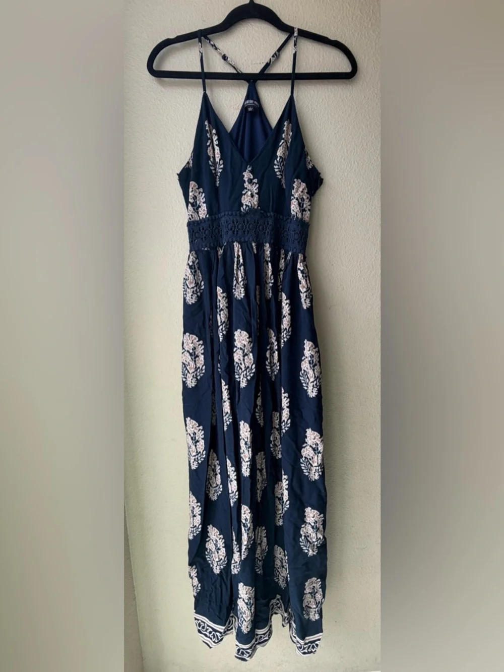 Navy Floral Maxi Crochet Waistband L Long Length Summer Dress Adjustable Straps - Picture 4 of 14